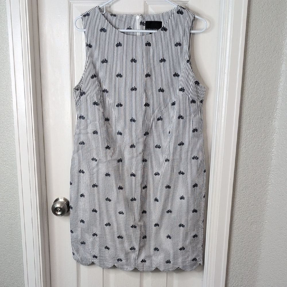 Cynthia Rowley Striped Mini Dress Scalloped Hem Embroidered Bicycles